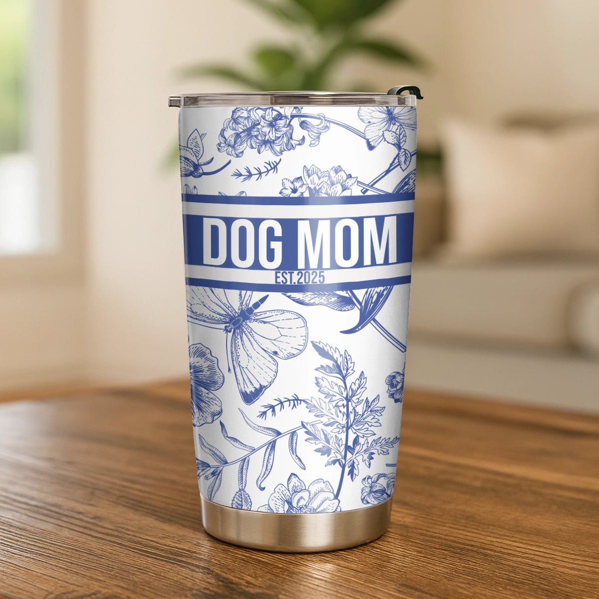Dog Mom Est. 2025 - Custom Name Toile De Jouy Style - Personalized Tumbler
