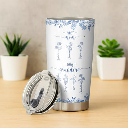 First Mom Now Grandma - Blue Floral - Personalized Tumbler