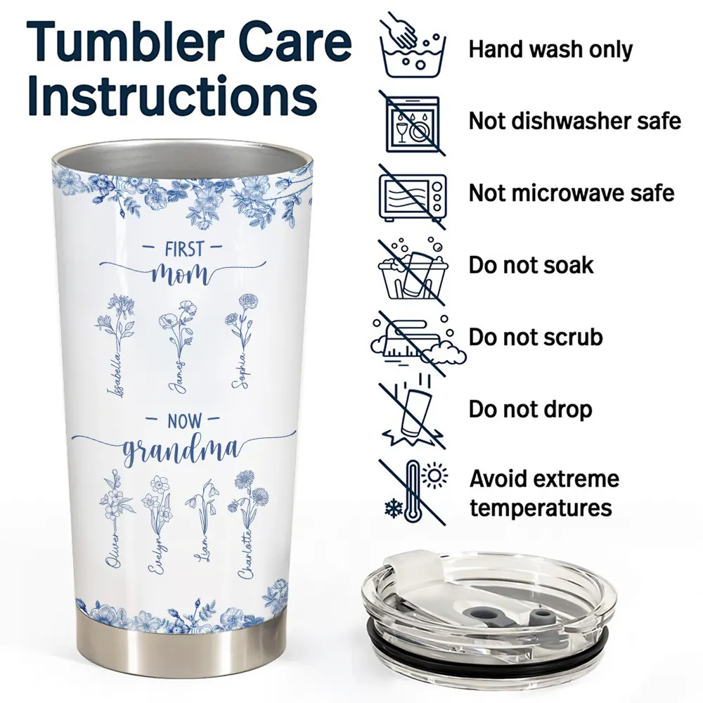 First Mom Now Grandma - Blue Floral - Personalized Tumbler