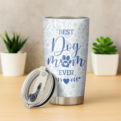 Custom Pet Photo Toile De Jouy - Best Dog Mom Ever - Personalized Tumbler