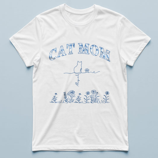 Cat Mom Gift - Blue Floral Style - Personalized T-Shirt