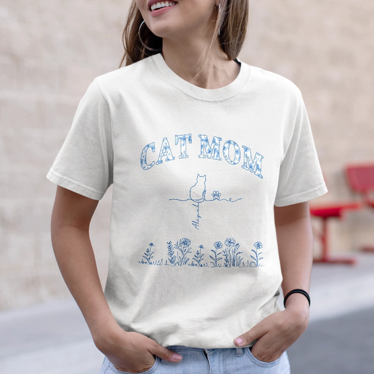 Cat Mom Gift - Blue Floral Style - Personalized T-Shirt