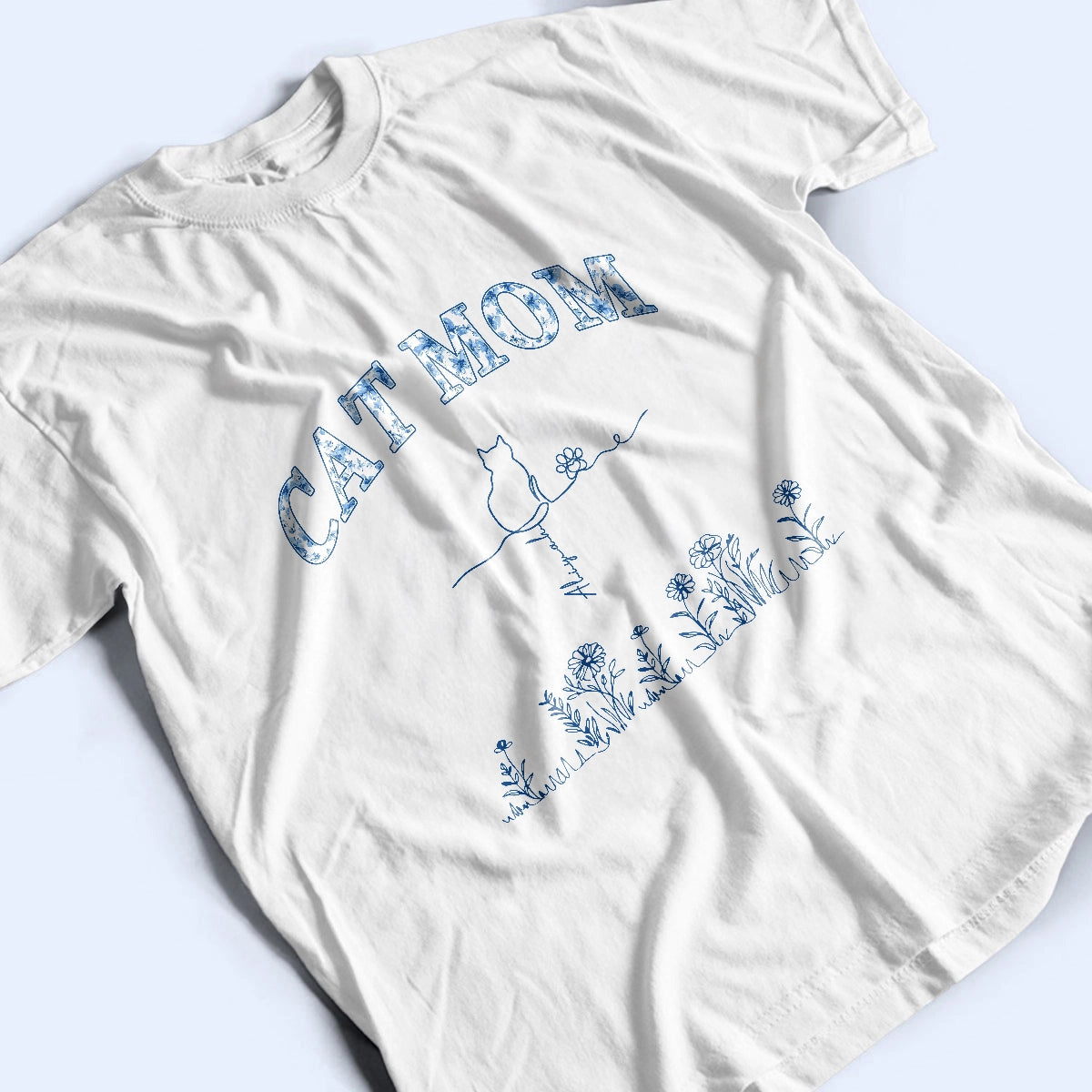 Cat Mom Gift - Blue Floral Style - Personalized T-Shirt