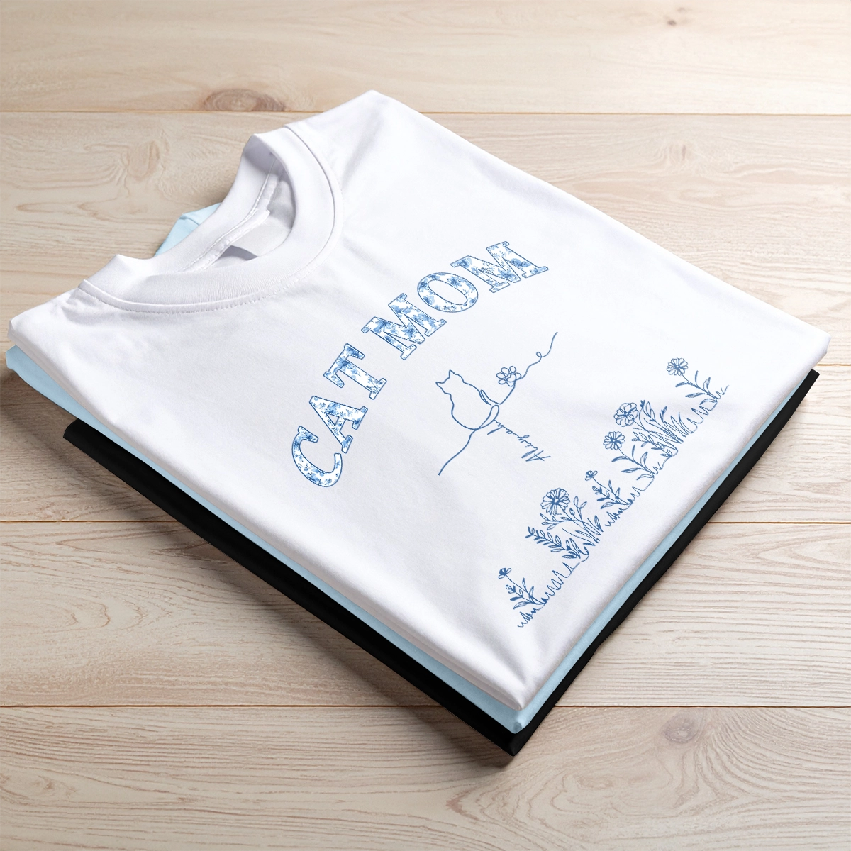 Cat Mom Gift - Blue Floral Style - Personalized T-Shirt