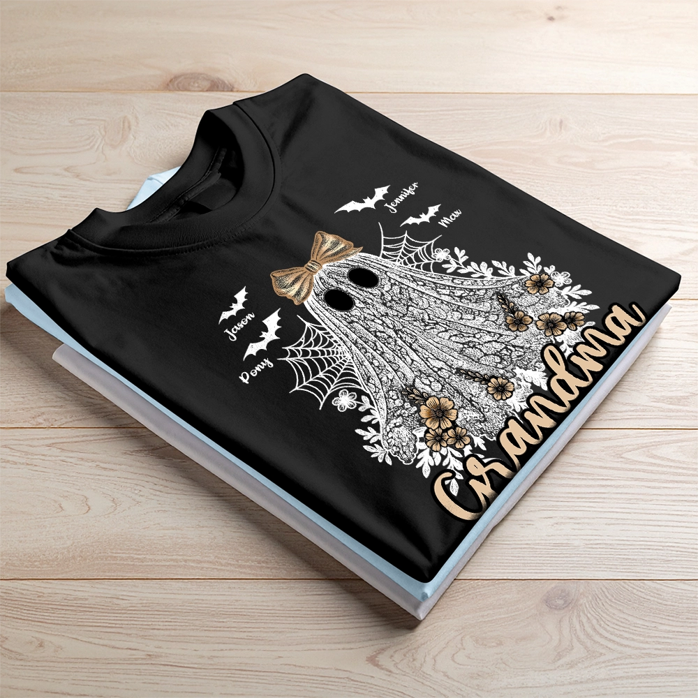 Grandma Cute Lace Ghost - Custom Name Bat - Personalized T-Shirt