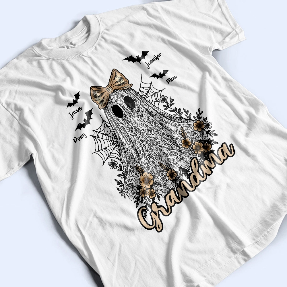 Grandma Cute Lace Ghost - Custom Name Bat - Personalized T-Shirt