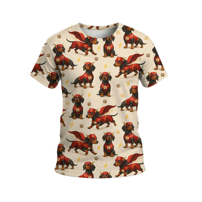 Superhero Red Cape Funny Flash Costume Pattern Polo, Cute Comic Style Top, Dachshund T Shirt, Wiener Dog T Shirt