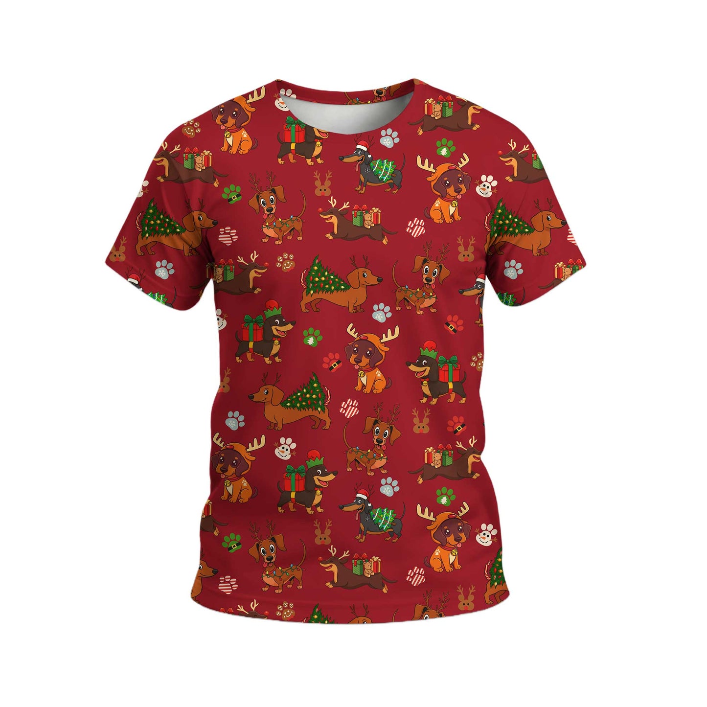 Red Holiday Cute Xmas With Reindeer Dachshund And Gift Pattern Polo, Christmas Dachshund Shirt, Wiener Dog T Shirt