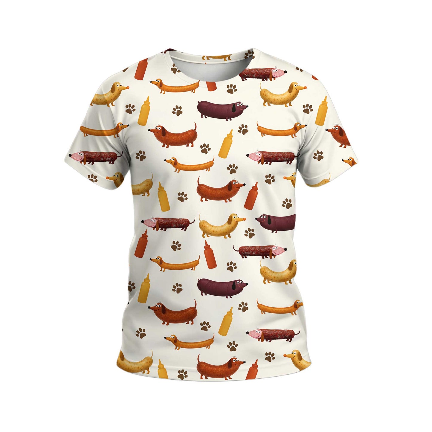 Wiener Dog T Shirt, Dachshund Shirt With Sausage Dog And Mustard Bottle Pattern