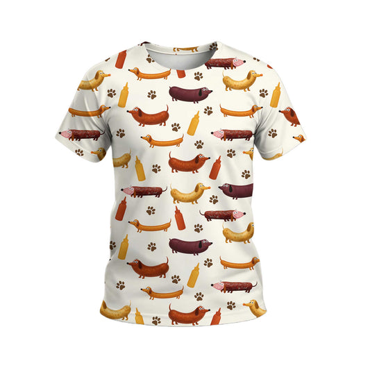 Wiener Dog T Shirt, Dachshund Shirt With Sausage Dog And Mustard Bottle Pattern