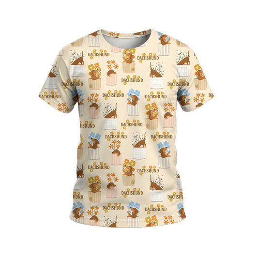 Whimsical Dachshund In Flower Pots Vintage Polo, Dachshund T Shirt, Wiener Dog T Shirt