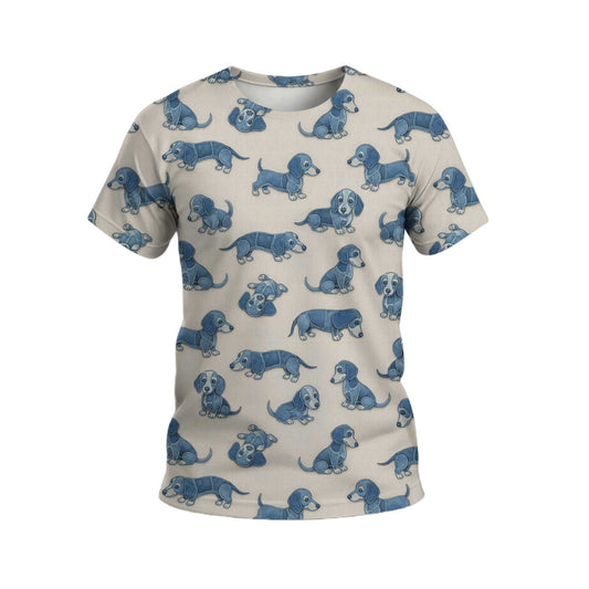 Playful Blue Dog Pattern Hawaiian Style, Wiener Dog T Shirt, Dachshund Shirt