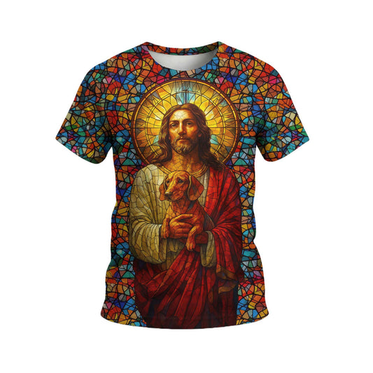 Colorful Stained Glass Jesus Hoodie, Dachshund Shirt, Wiener Dog T Shirt