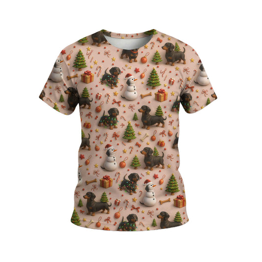 Dog Snowman Tree Pattern Polo For Winter Season, Dachshund T Shirt, Wiener Dog T Shirt