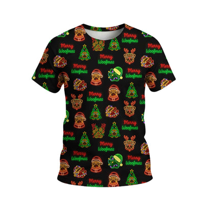 Neon Merry Woofmas Pug Christmas Pattern Polo, Funny Pug Shirt, Pug T Shirt