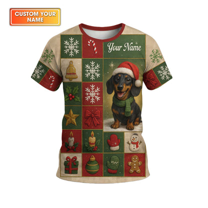 Personalized Name Wiener Dog T Shirt, Dachshund Sweatshirt, Happy Christmas Dachshund Pattern Polo