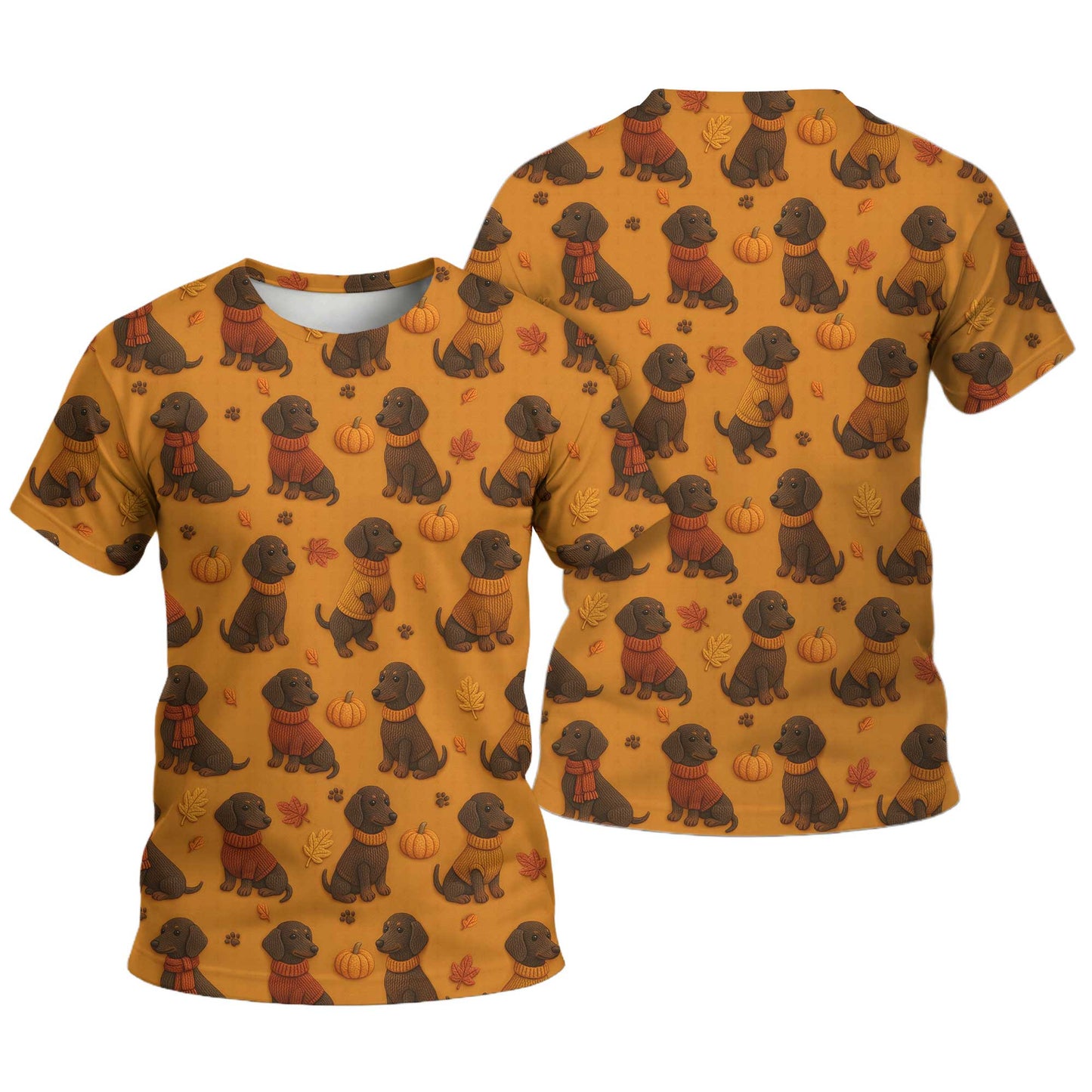 Pattern Dachshund Orange Shirt With Pumpkin And Autumn Leaves, Dachshund Halloween Shirt, Winter Dog Shirts