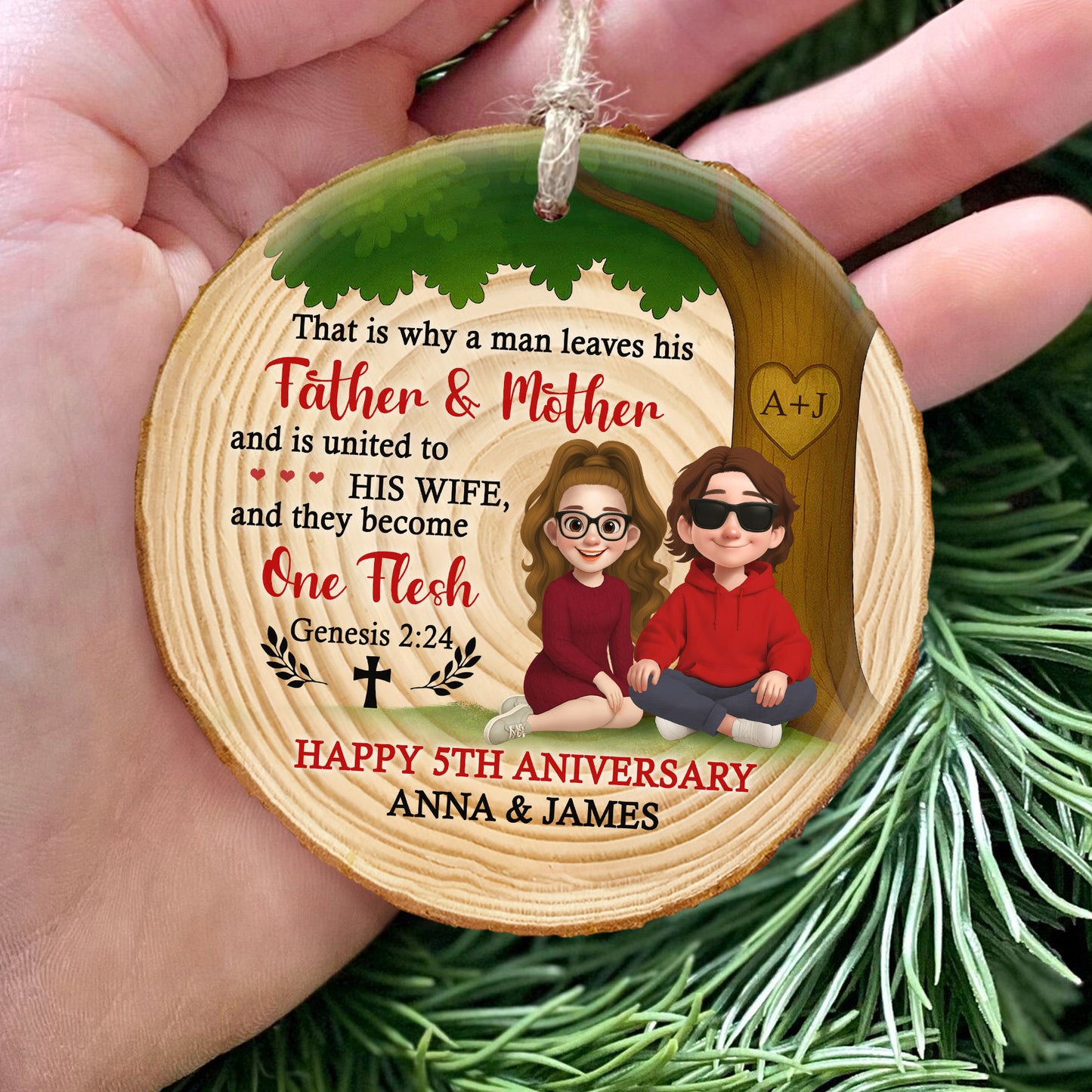 Personalized Wood Slice Ornament - One Flesh Genesis 2:24 - Christian Anniversary