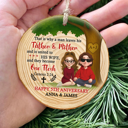 Personalized Wood Slice Ornament - One Flesh Genesis 2:24 - Christian Anniversary