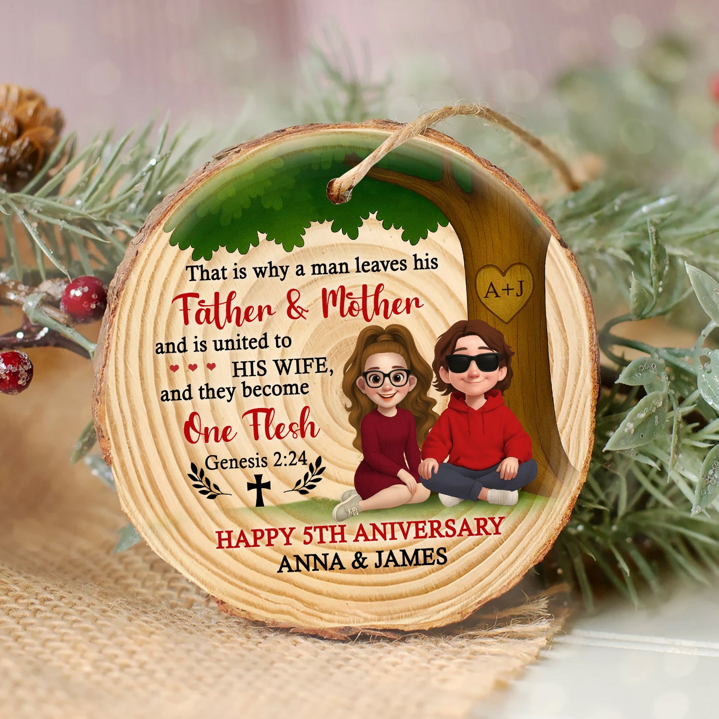 Personalized Wood Slice Ornament - One Flesh Genesis 2:24 - Christian Anniversary