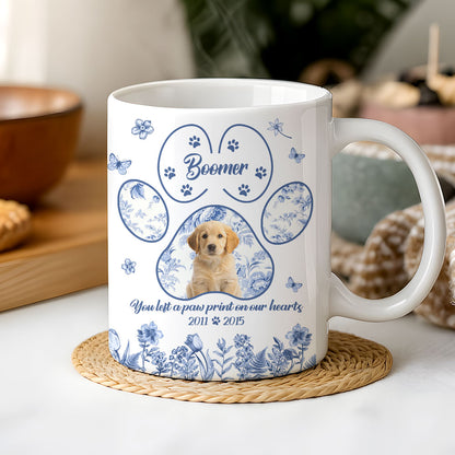 Custom Pet Photo Blue Toile De Jouy Style - You Left A Paw Print On Our Hearts - Personalized Edge-to-Edge Mug