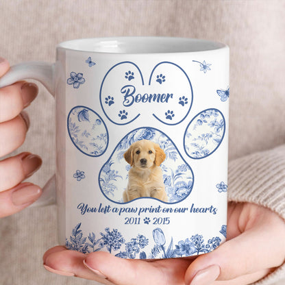 Custom Pet Photo Blue Toile De Jouy Style - You Left A Paw Print On Our Hearts - Personalized Edge-to-Edge Mug