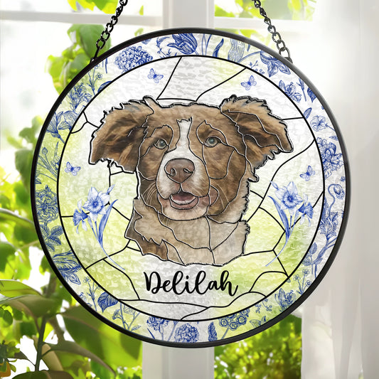 Custom Pet Portrait - Toile de Jouy Birth Month Flower - Personalized Personalized Window Hanging Stained Glass
