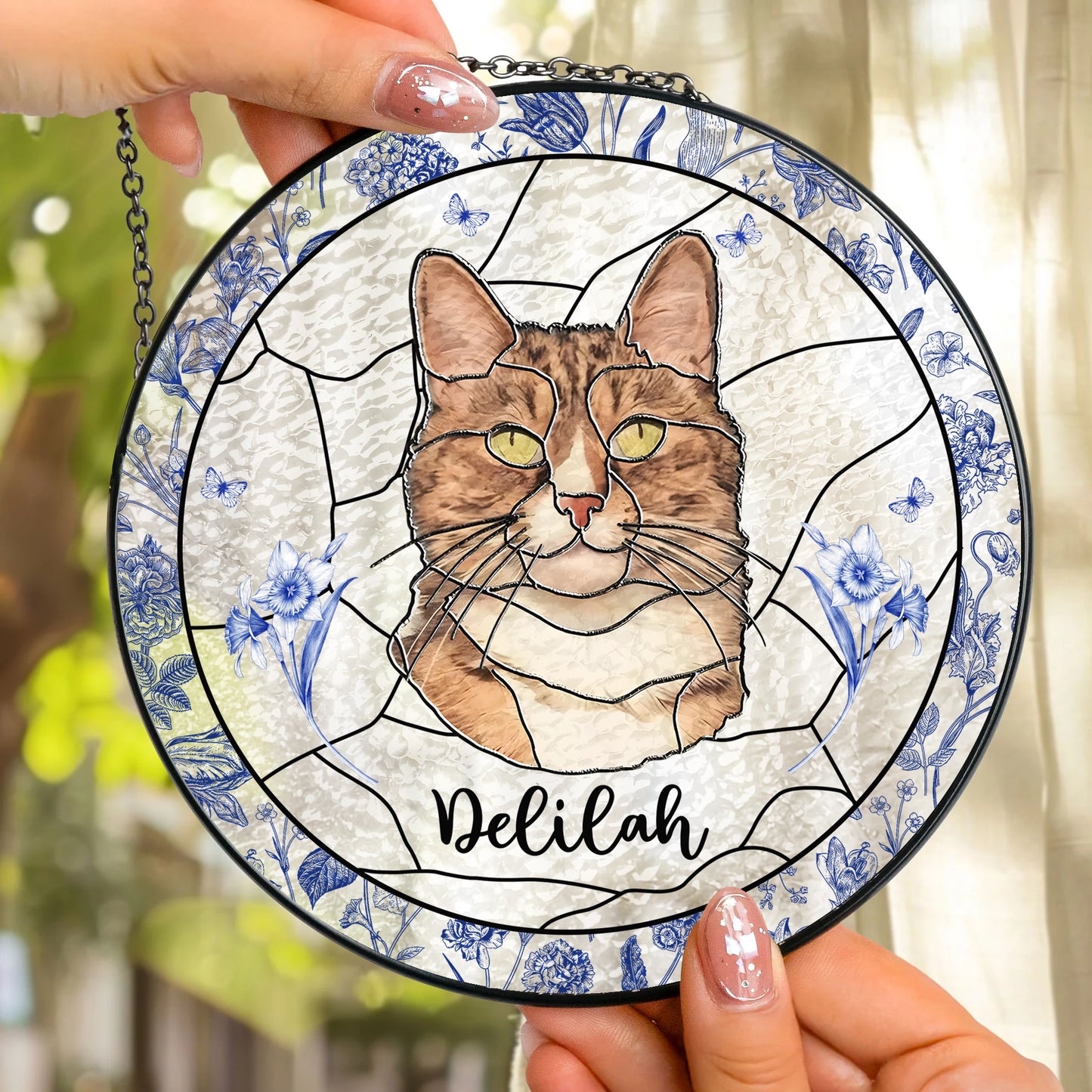 Custom Pet Portrait - Toile de Jouy Birth Month Flower - Personalized Personalized Window Hanging Stained Glass