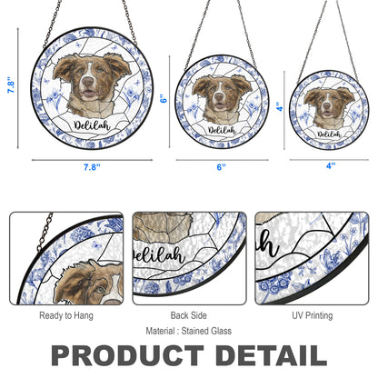 Custom Pet Portrait - Toile de Jouy Birth Month Flower - Personalized Personalized Window Hanging Stained Glass