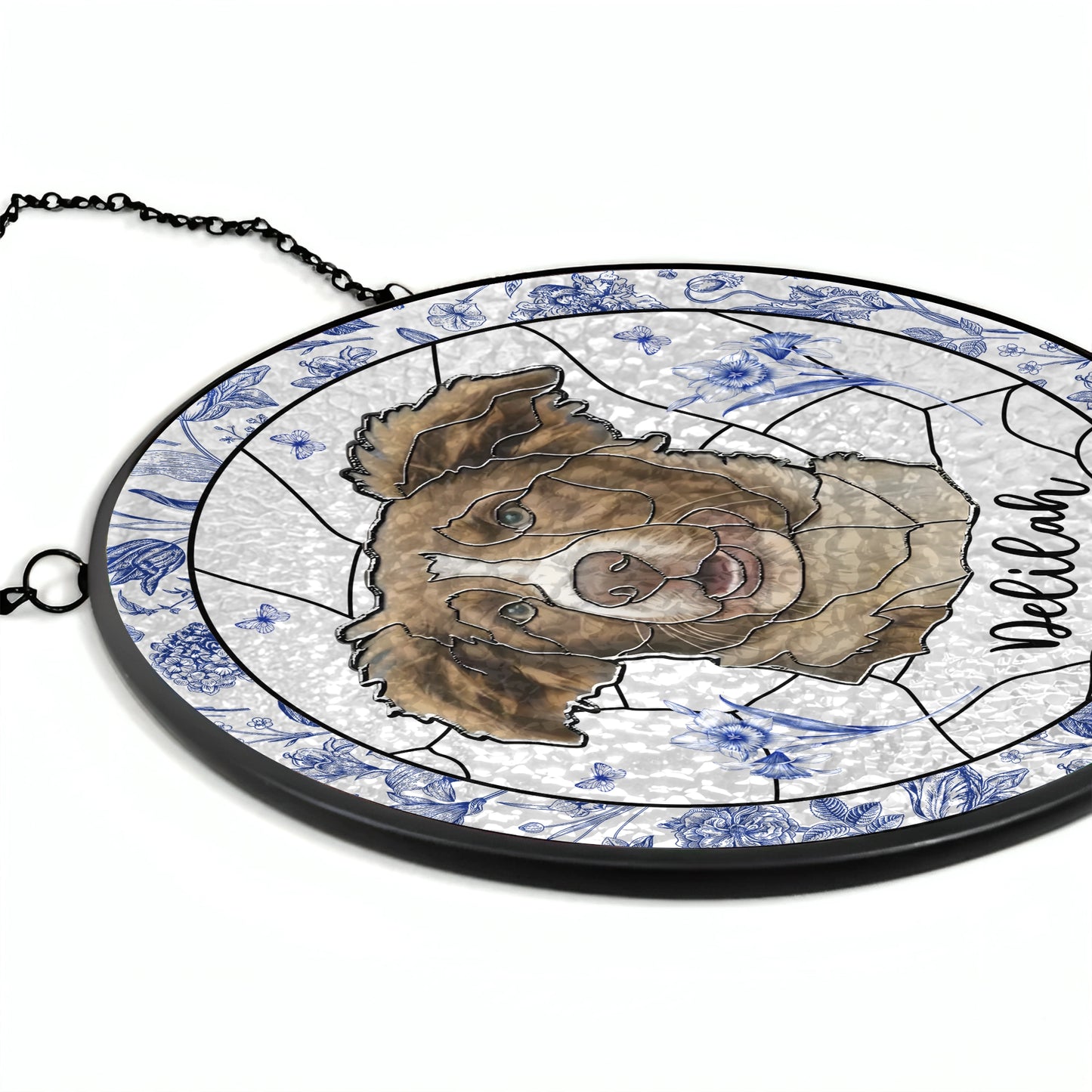 Custom Pet Portrait - Toile de Jouy Birth Month Flower - Personalized Personalized Window Hanging Stained Glass