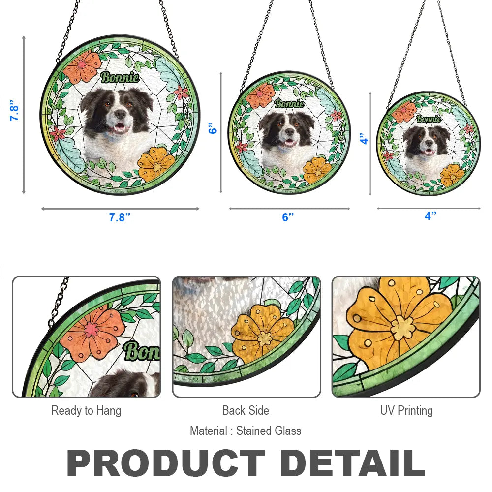 Custom Pet Portrait With Flowers - Pet Memorial Suncatcher - Personalized Window Hanging Stained Glass