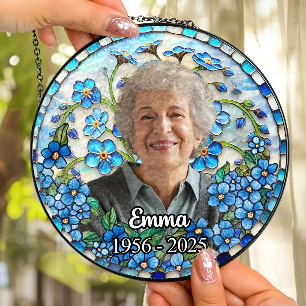 Forget Me Not Botanical - Memorial Sympathy Window Hanging Decor - Personalized Window Hanging Stained Glass
