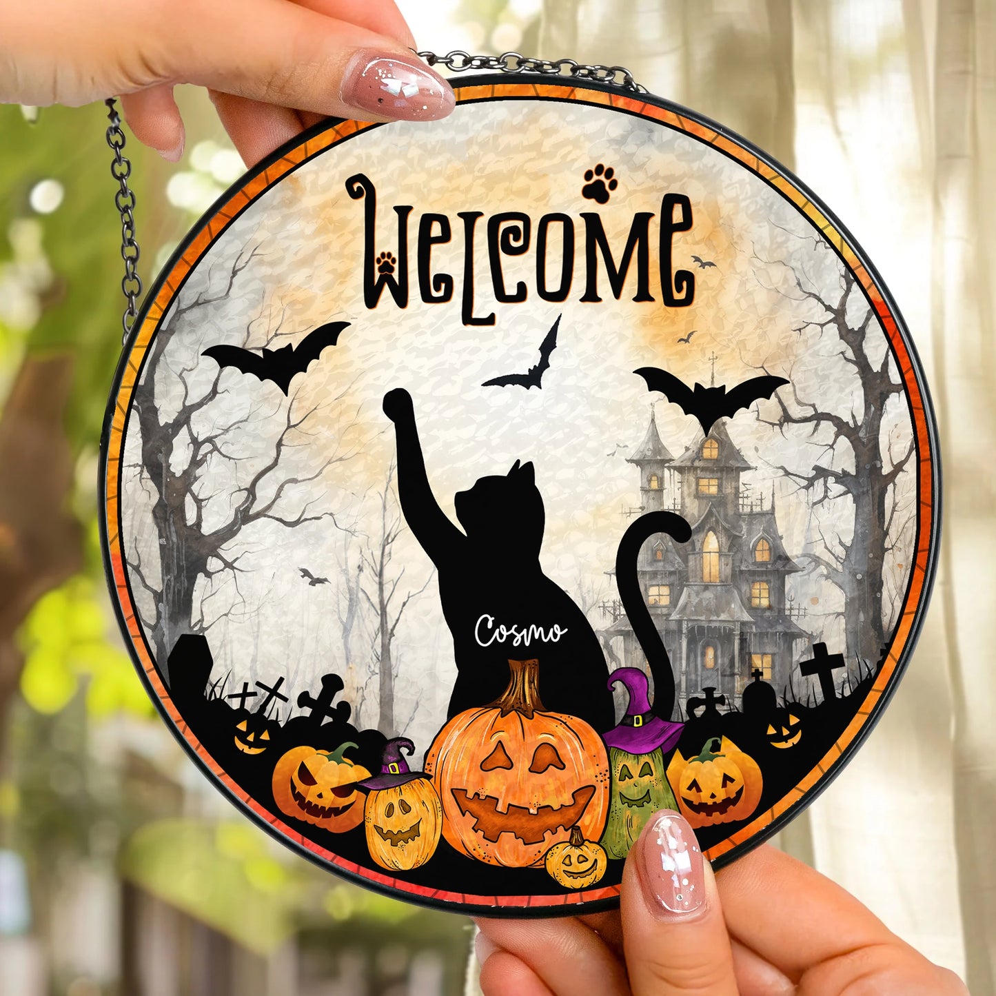Welcome To Out Cat Home - Halloween Home Decor, Cat Lover Gift - Personalized Window Hanging Stained Glass