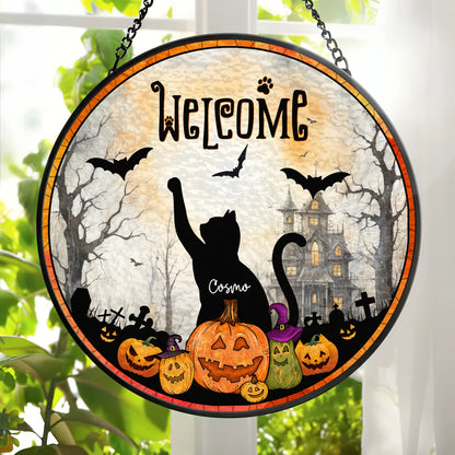 Welcome To Out Cat Home - Halloween Home Decor, Cat Lover Gift - Personalized Window Hanging Stained Glass