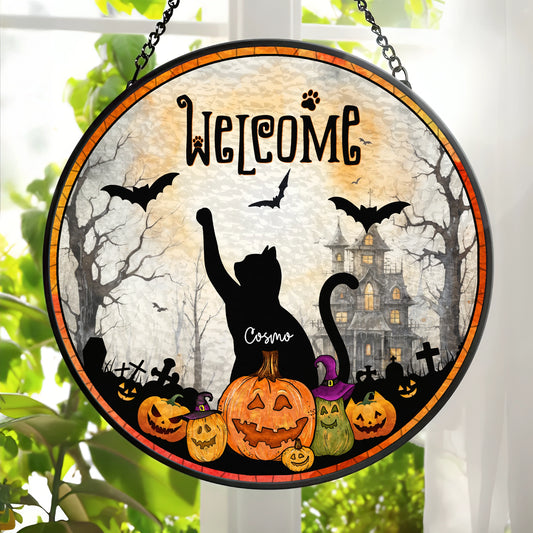 Welcome To Out Cat Home - Halloween Home Decor, Cat Lover Gift - Personalized Window Hanging Stained Glass