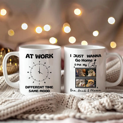 Funny Work Mug For Cat Lovers - FTS Office Clock & Wanna Pet My Cat Custom Photo - Personalized White Mug