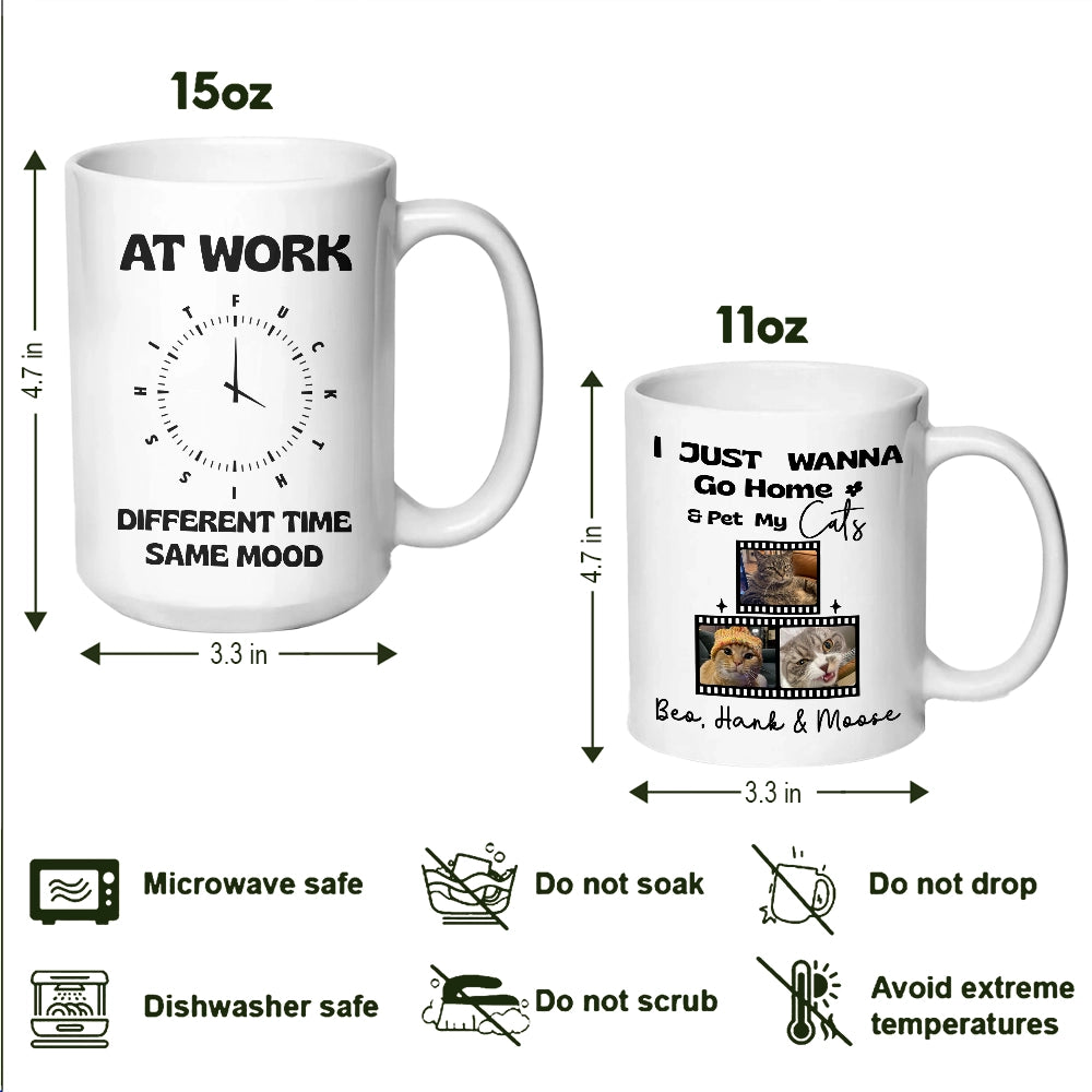 Funny Work Mug For Cat Lovers - FTS Office Clock & Wanna Pet My Cat Custom Photo - Personalized White Mug