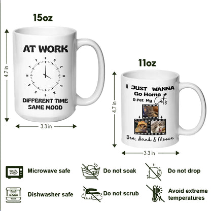 Funny Work Mug For Cat Lovers - FTS Office Clock & Wanna Pet My Cat Custom Photo - Personalized White Mug