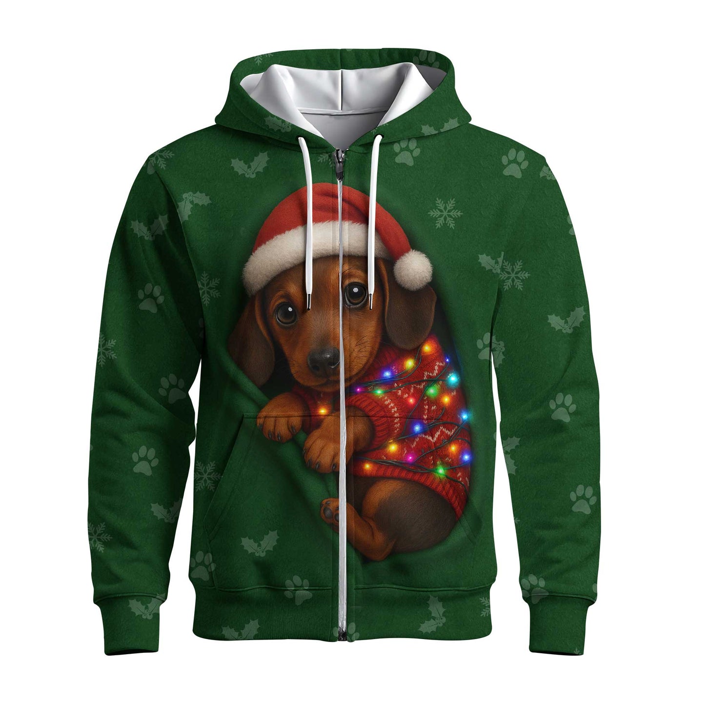Christmas Dachshund Shirt, Funny Weiner Dog Shirts, Pattern Polos For Spooky Season - Cute Puppy In Santa Hat & Lights
