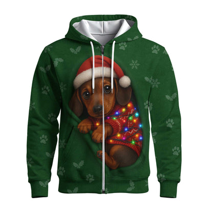 Christmas Dachshund Shirt, Funny Weiner Dog Shirts, Pattern Polos For Spooky Season - Cute Puppy In Santa Hat & Lights