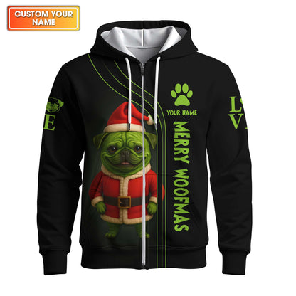 Custom Name Pug Christmas Shirt, Funny Merry Woofmas Shirt, Personalized Pug Xmas Hoodie For Dog Lover,