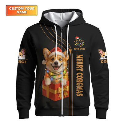 Cute Christmas Corgi Dog Gift Box Custom Name Hoodie, Corgi Shirt, Corgi Dog T Shirt