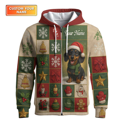 Personalized Name Wiener Dog T Shirt, Dachshund Sweatshirt, Happy Christmas Dachshund Pattern Polo