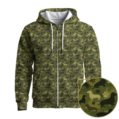 Green Camo Dog Silhouette Pattern Bomber Jacket, Shirts For Dachshunds, Dachshund Sweatshirt