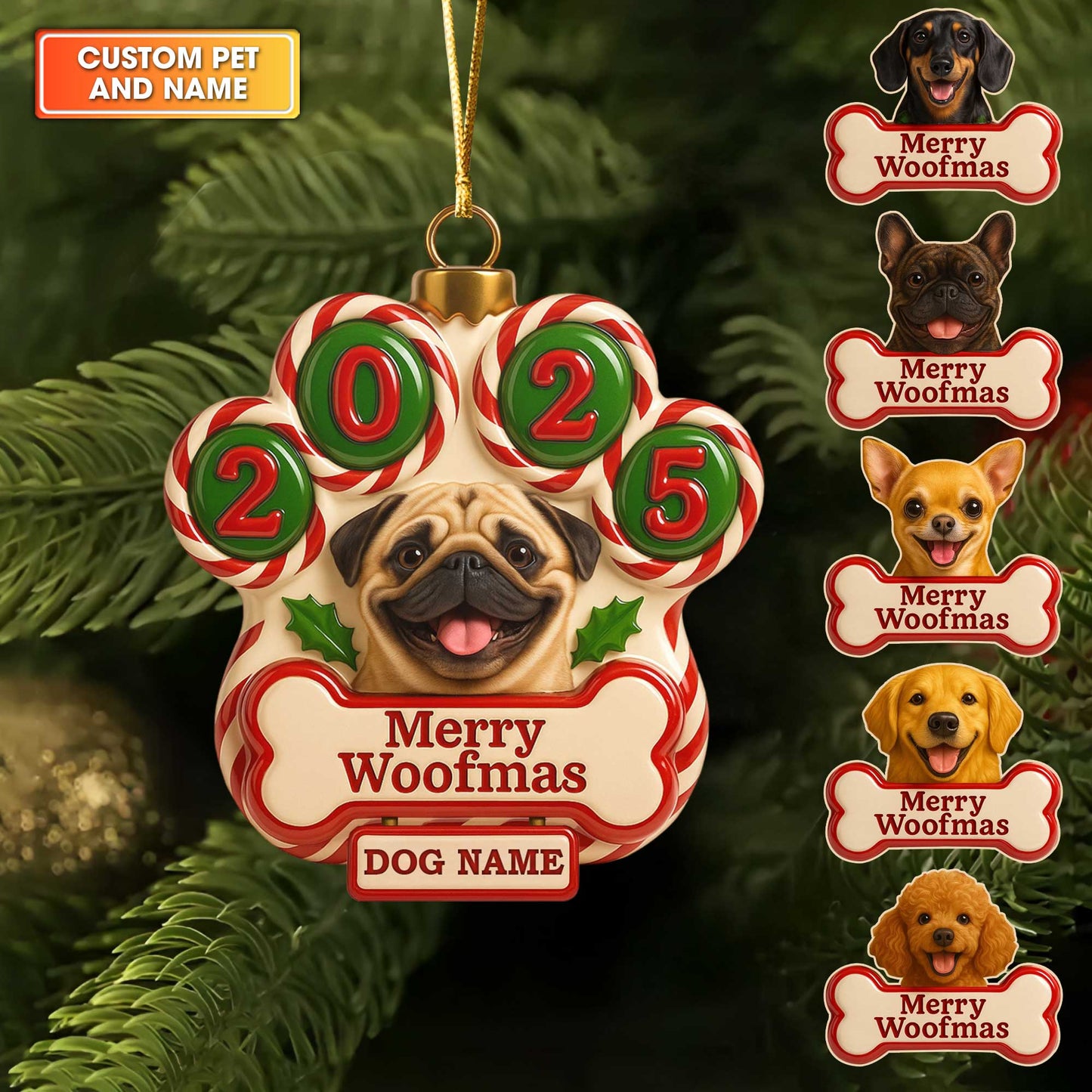 Personalized Dog Paw Christmas Ornament 2025, Custom Name Dogs Ornament, Merry Woofmas Ornament For Dog Lovers