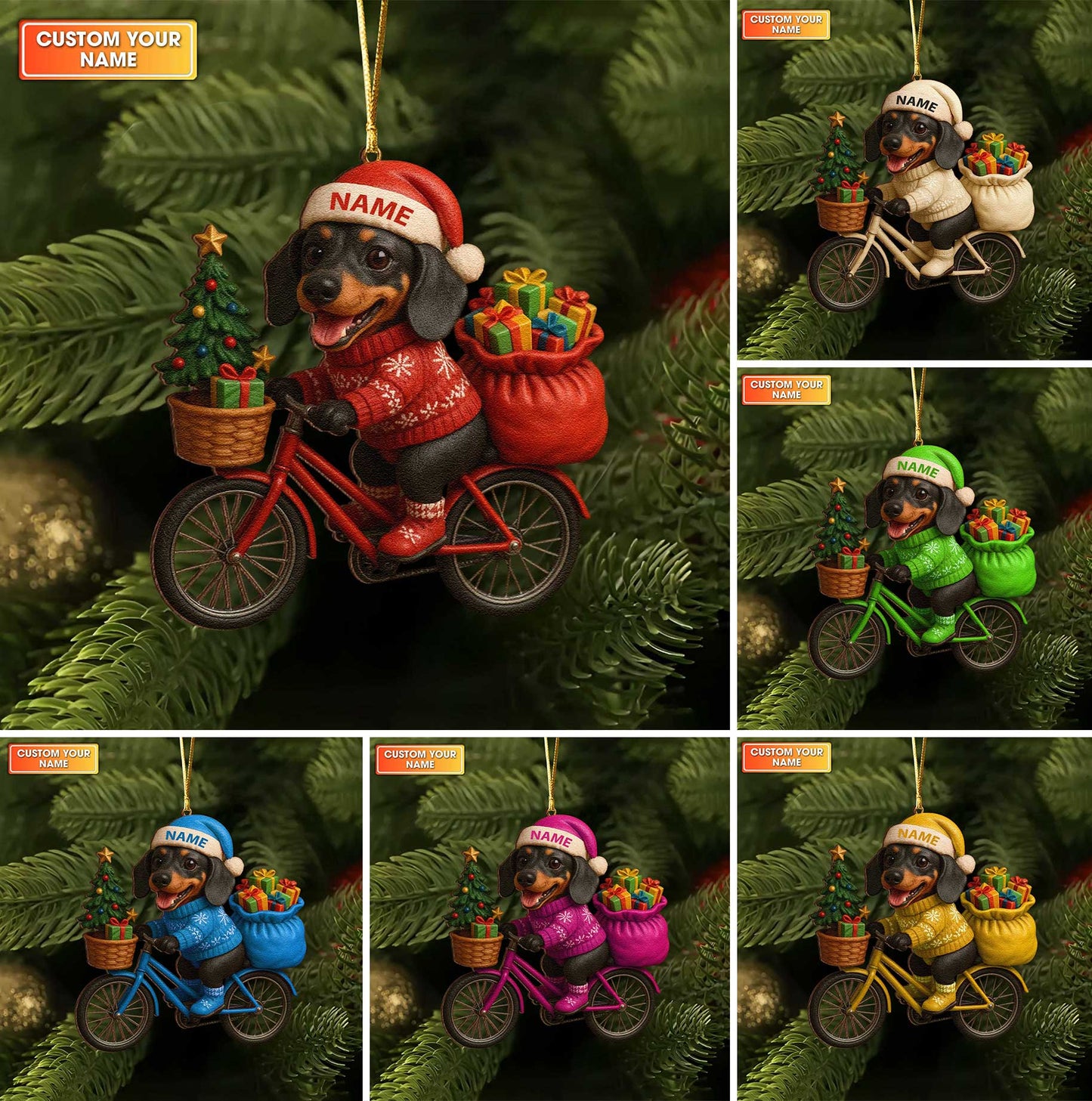 Personalized Ornament Christmas Dachshund, Custom Name Colorful Dachshund In Ornament, Wiener Dog Xmas Ornament