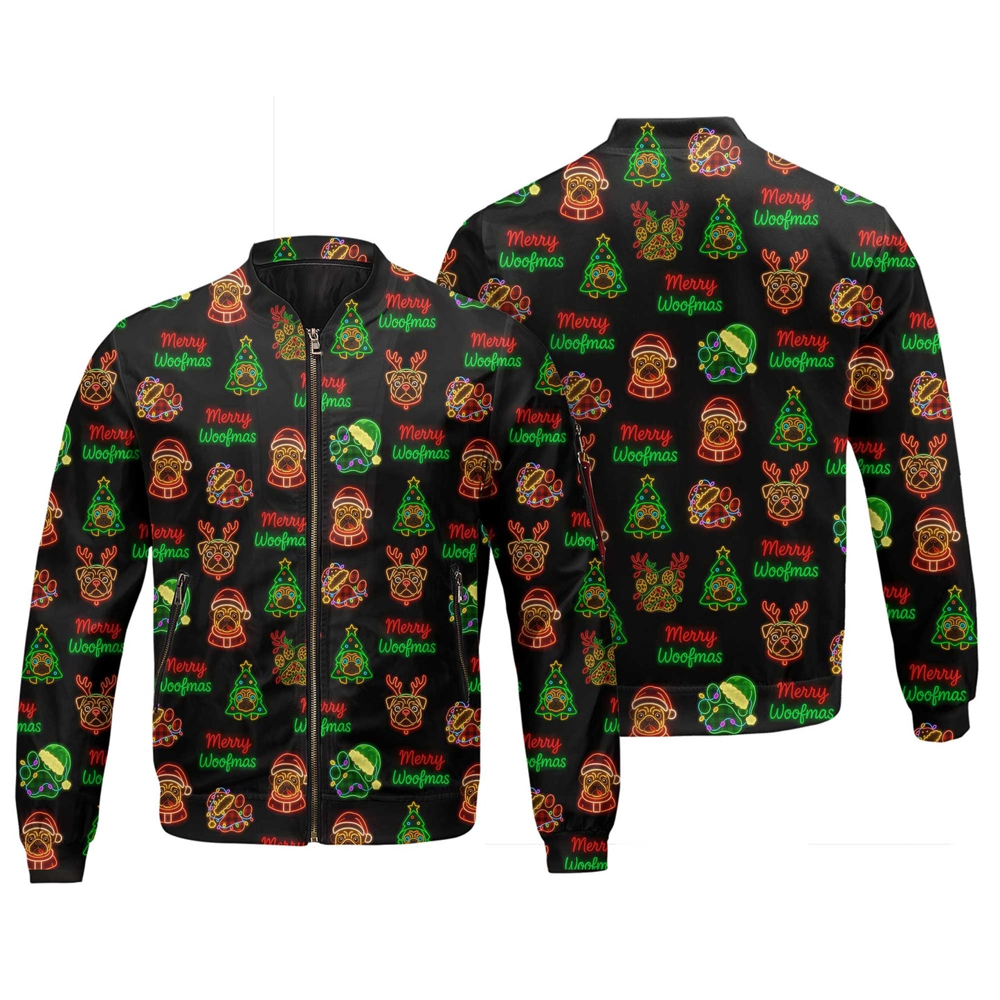 Neon Merry Woofmas Pug Christmas Pattern Polo, Funny Pug Shirt, Pug T Shirt