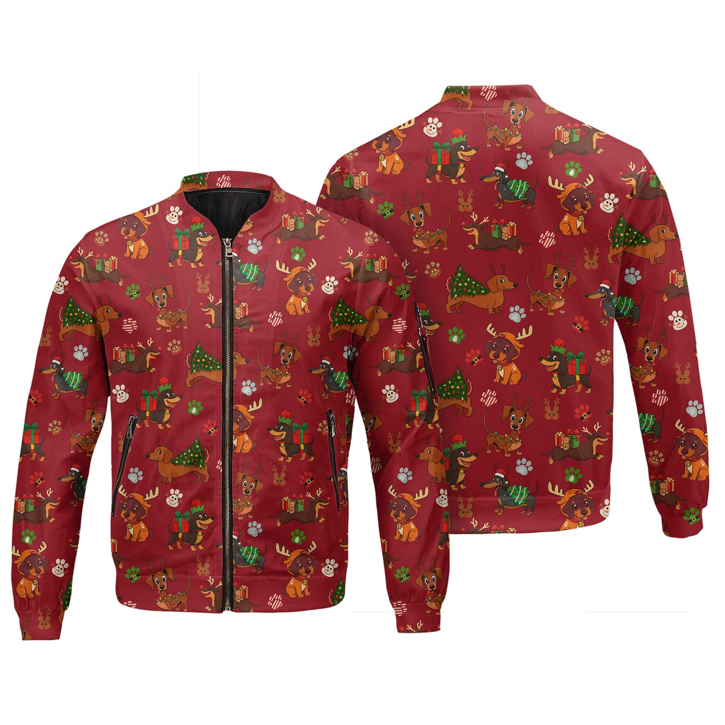 Red Holiday Cute Xmas With Reindeer Dachshund And Gift Pattern Polo, Christmas Dachshund Shirt, Wiener Dog T Shirt