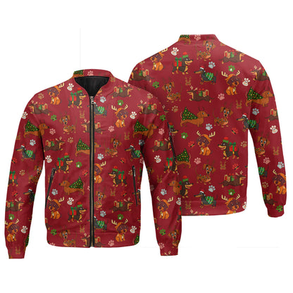 Red Holiday Cute Xmas With Reindeer Dachshund And Gift Pattern Polo, Christmas Dachshund Shirt, Wiener Dog T Shirt