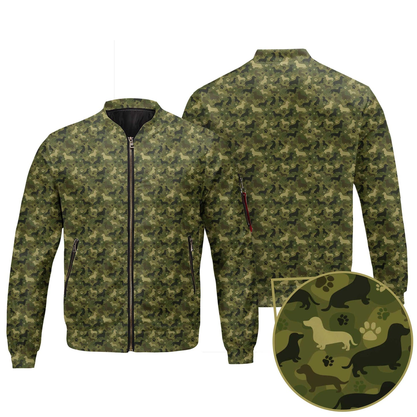 Green Camo Dog Silhouette Pattern Bomber Jacket, Shirts For Dachshunds, Dachshund Sweatshirt